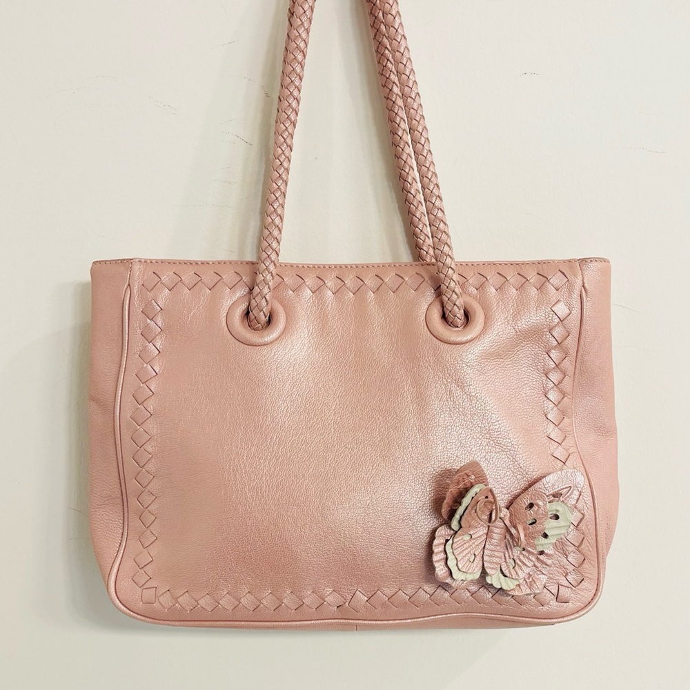 Via Spiga Pink Leather Tote with Braided Handles & Butterfly Detail